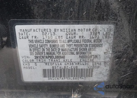 2013 Nissan Versa 1.6 Sv z USA, uszkodzony, nr VIN 3N1CN7AP9DL880940